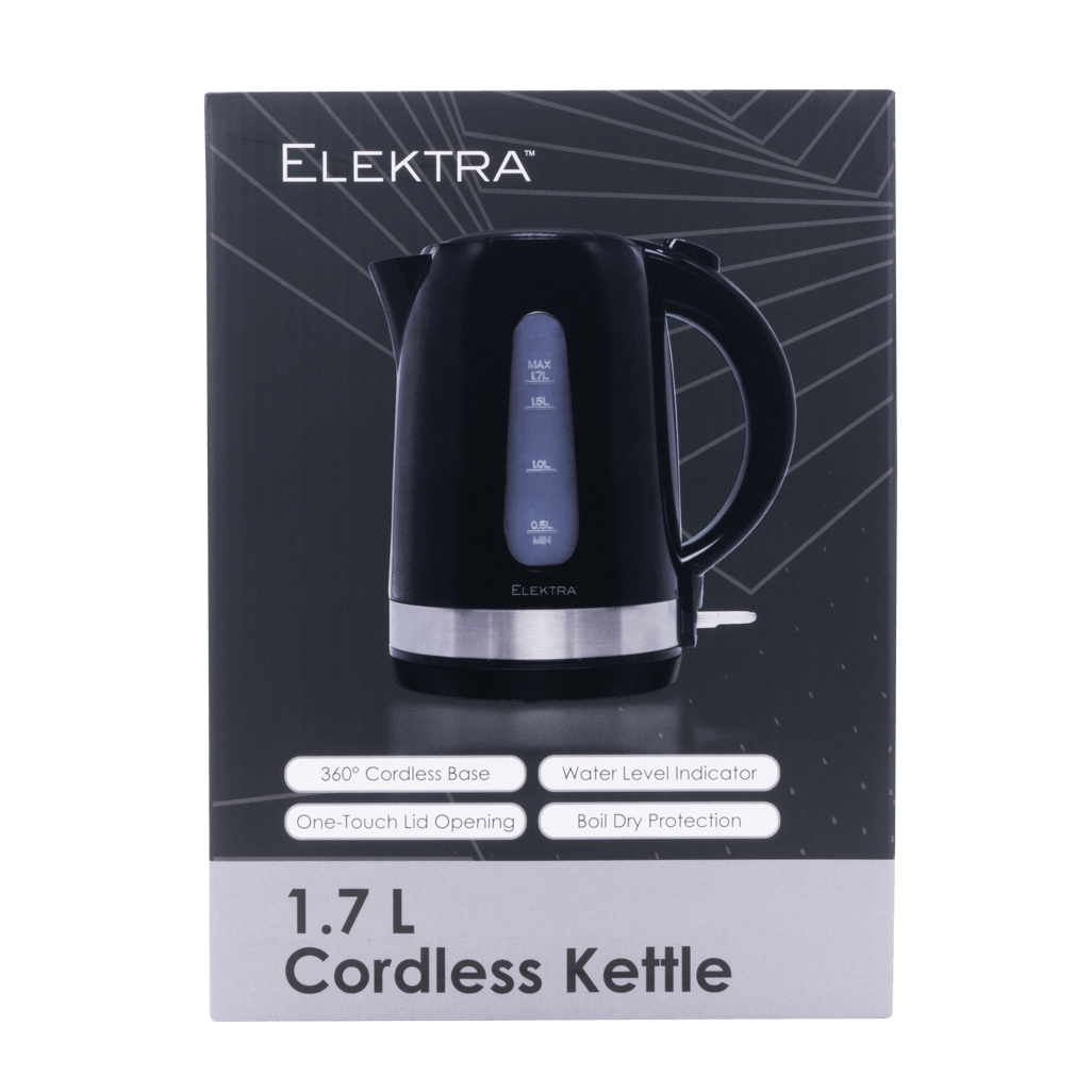 ELEKTRA 1.7L cordless kettle with 360° base, water level indicator, and one-touch lid opening.