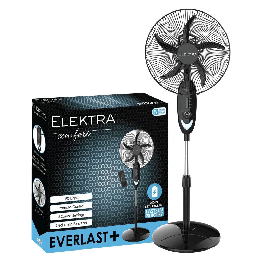 ELEKTRA 2707 EVERLAST+ stand fan with remote control, 5 speed settings, and oscillating function in packaging.