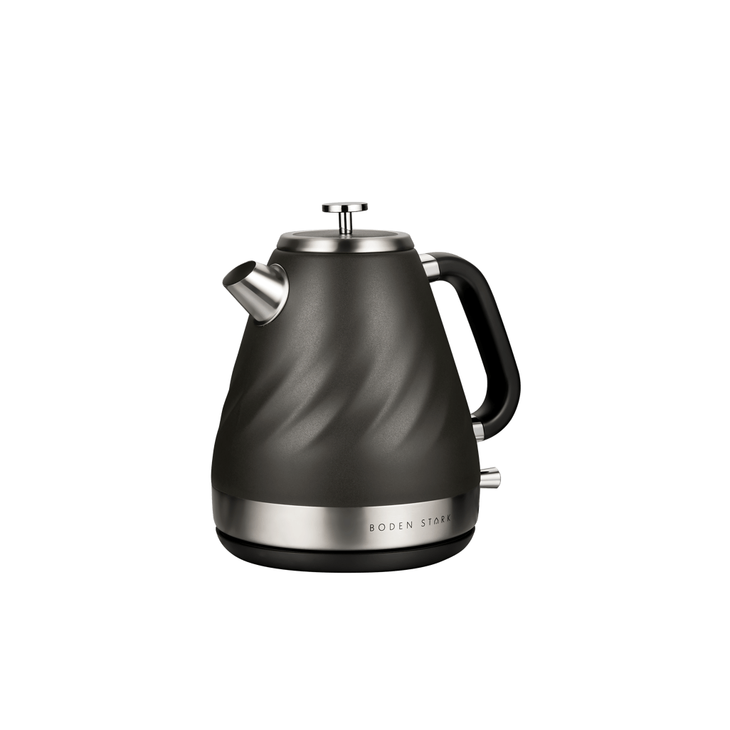 Boden Stark 1.7L charcoal stainless steel kettle with a stylish design and stainless accents.