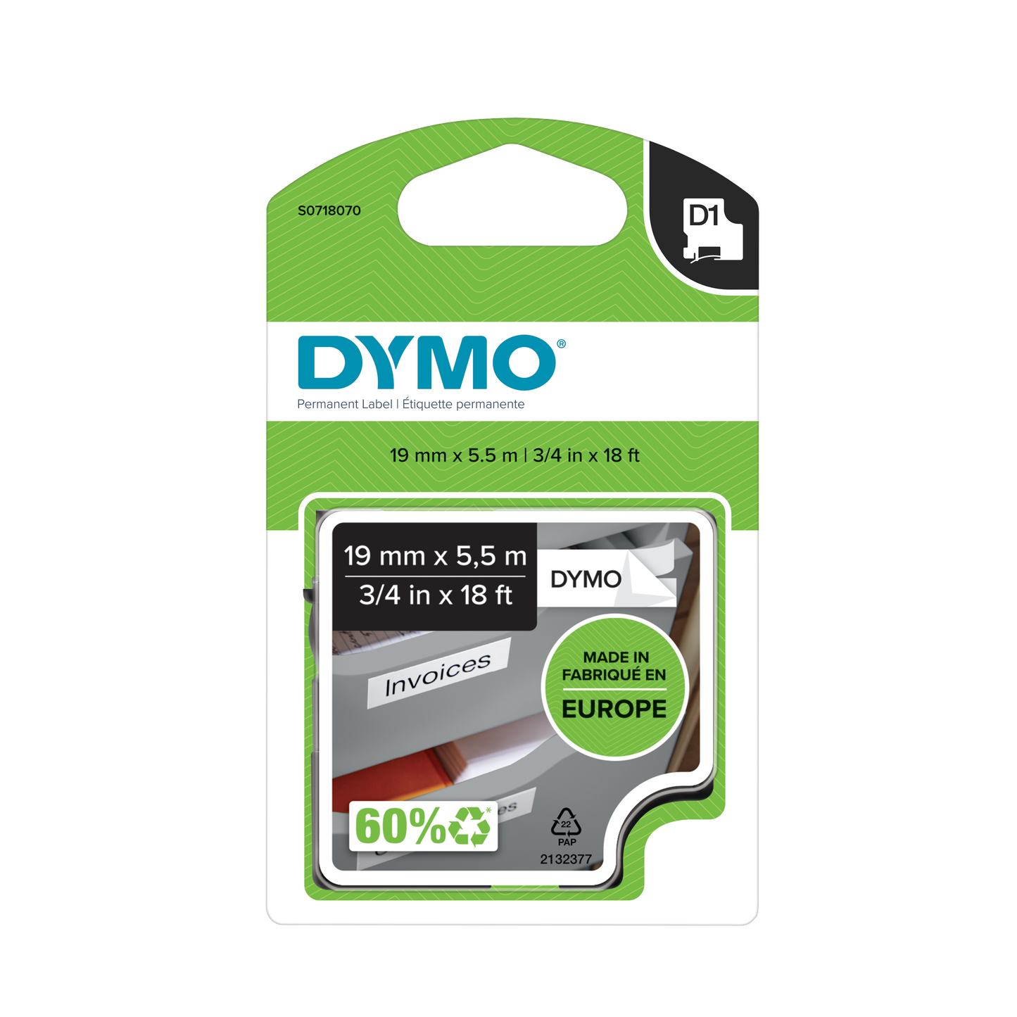 DYMO D1 Labelling Tape - Permanent Polyester - Black on White - 19mmx5.5m