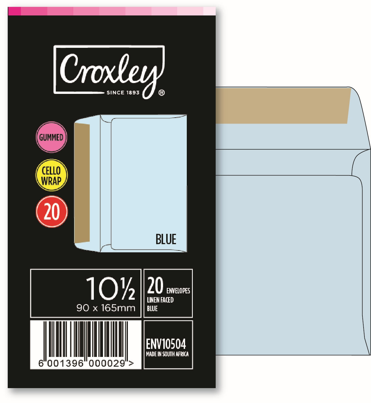 CROXLEY JD 10 and a Half Linen Faced Blue Gummed Envelopes - 90X165 - Banded 20's (Box of 20 Packets)