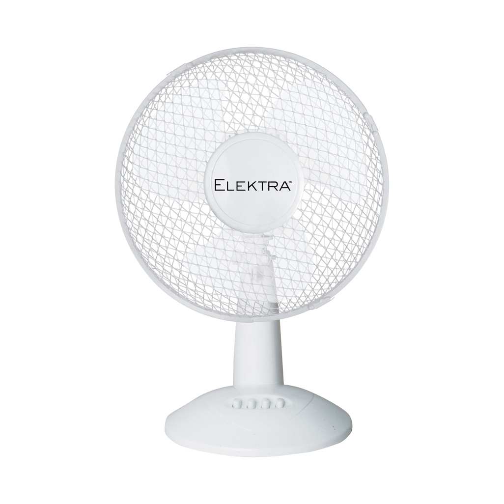 Elektra Desk Fan 30CM white color, compact design for personal cooling, ideal for home or office use.