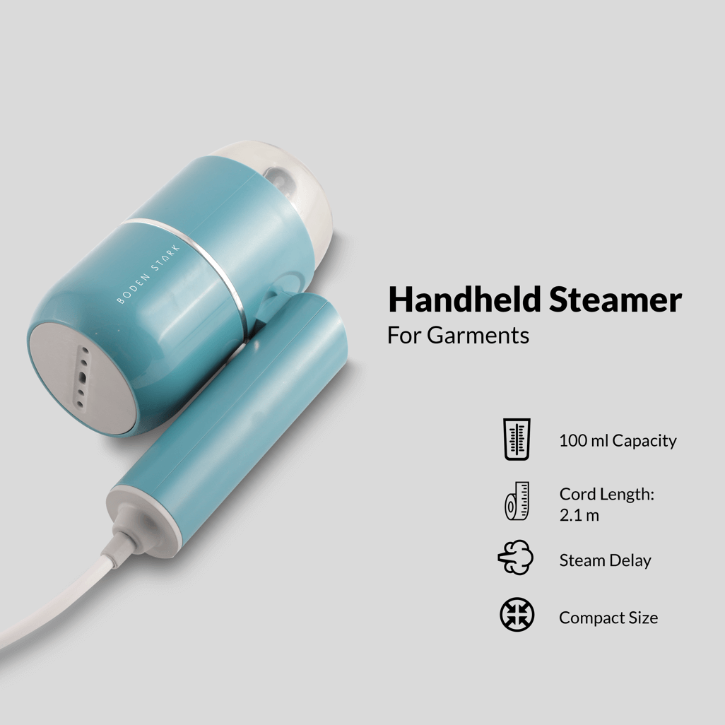 Boden Stark Handheld Steamer in turquoise color, compact design for garment steaming with 100 ml capacity.