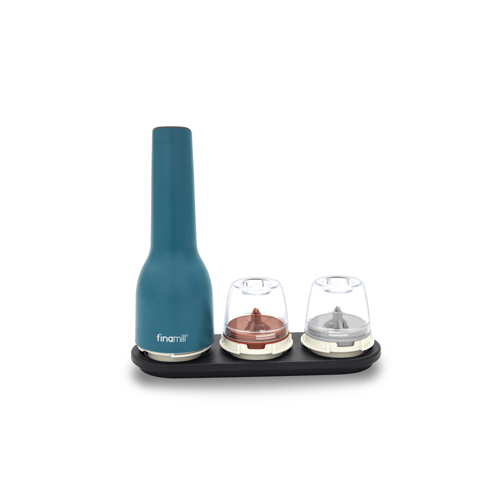 FINAMILL RECHARGEABLE grinder in Ocean Blue with transparent spice jars for versatile grinding.