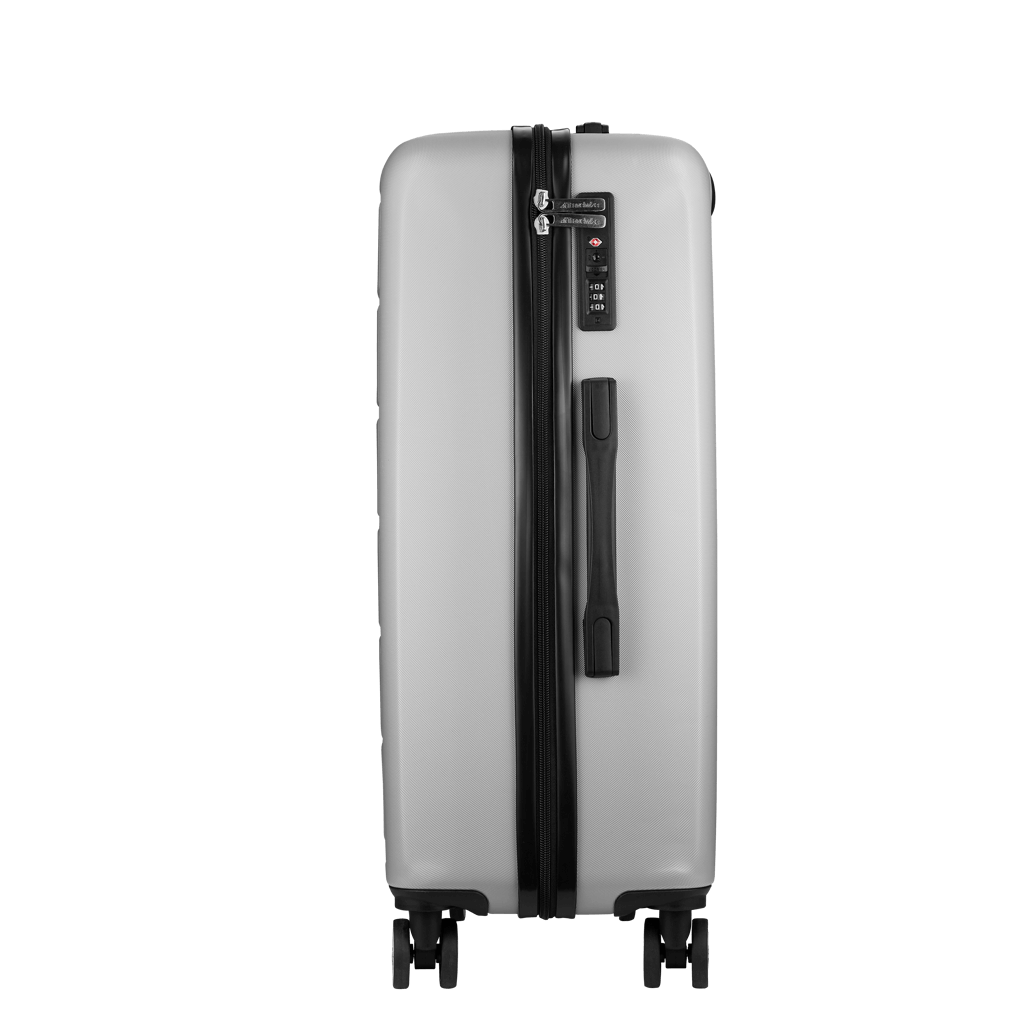Travelwize Maple ABS 65cm silver spinner luggage with four wheels and side handle.