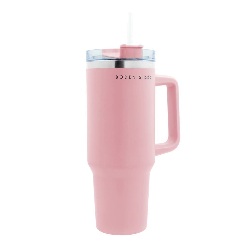 Boden Stark 1200ml pink travel mug with handle and straw, perfect for on-the-go hydration.