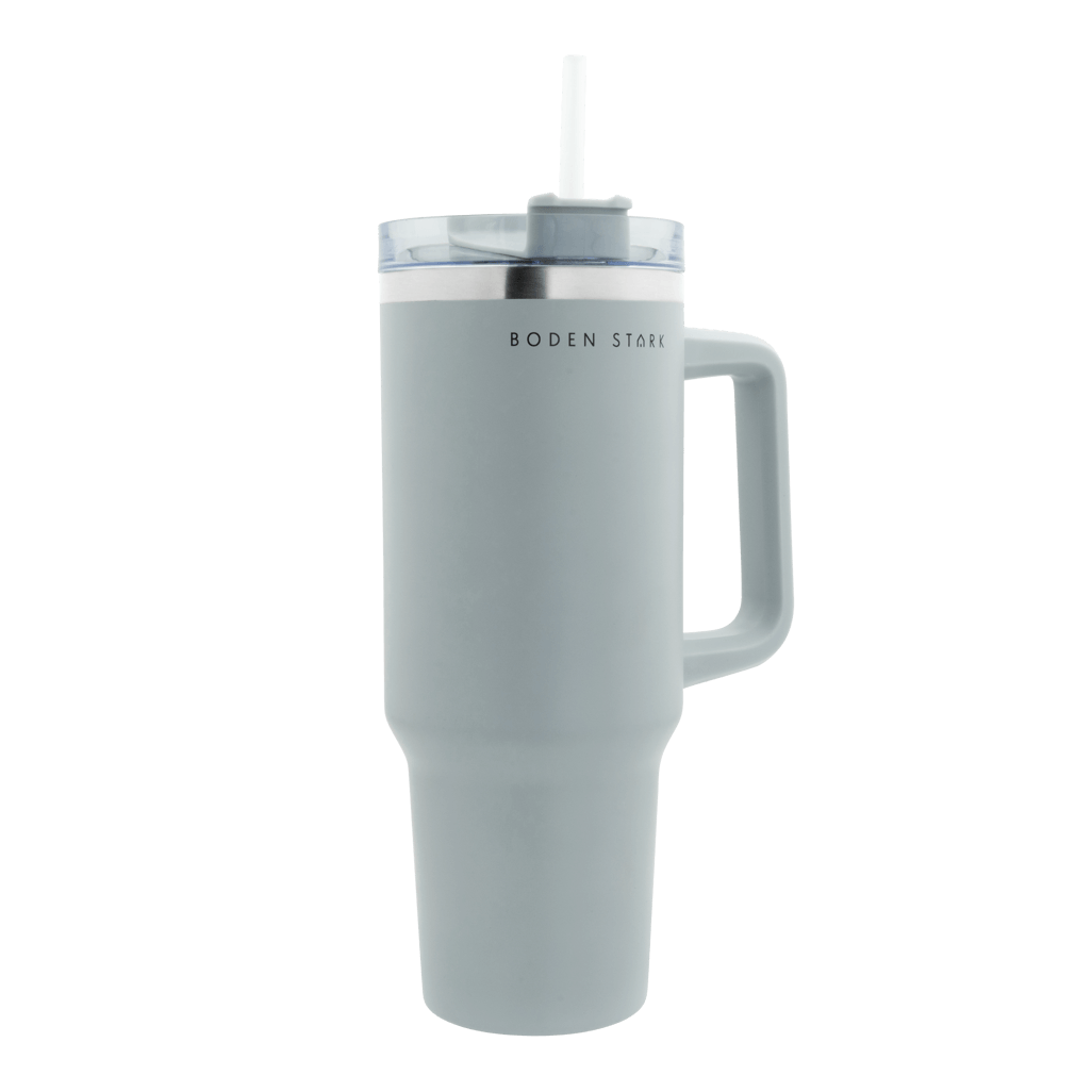 Boden Stark 1200ml Travel Mug in Grey with straw and handle for easy portability and hydration on the go.