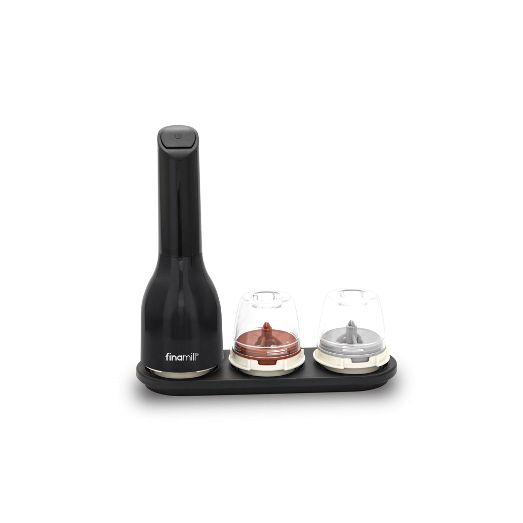 FINAMILL battery operated grinder in Midnight Black with two jars for spices on a sleek base.