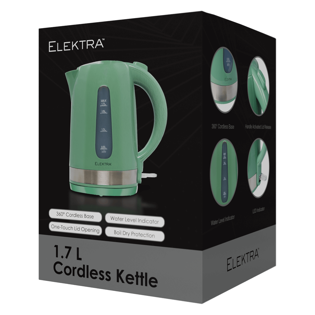 ELEKTRA 1.7L cordless kettle box showcasing 360° base and safety features in green color.