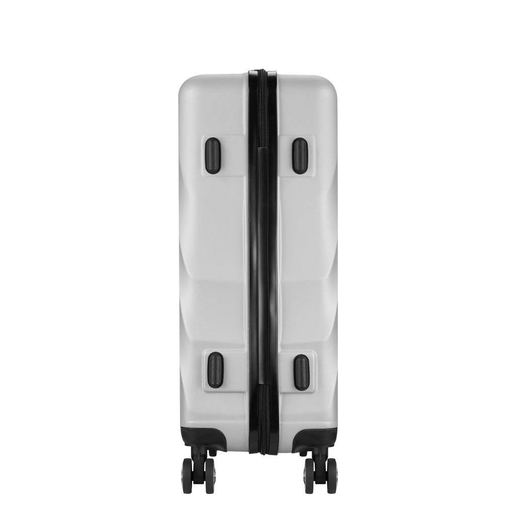 Travelwize Terra ABS 77cm spinner luggage in silver showing front view with 4 wheels.