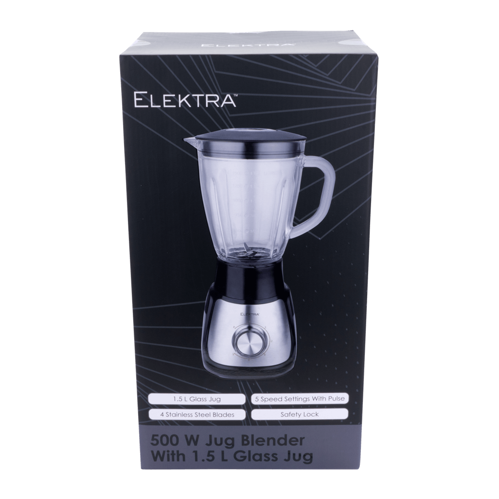 ELEKTRA 500W Jug Blender with 1.5L Glass Jug, 5 speed settings, and stainless steel blades.