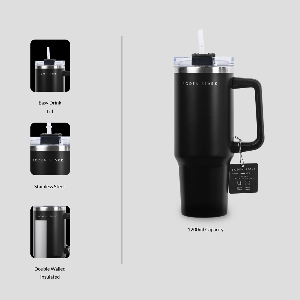 Boden Stark 1200ml Travel Mug in Black with stainless steel material and an easy drink lid, double-walled insulated design.