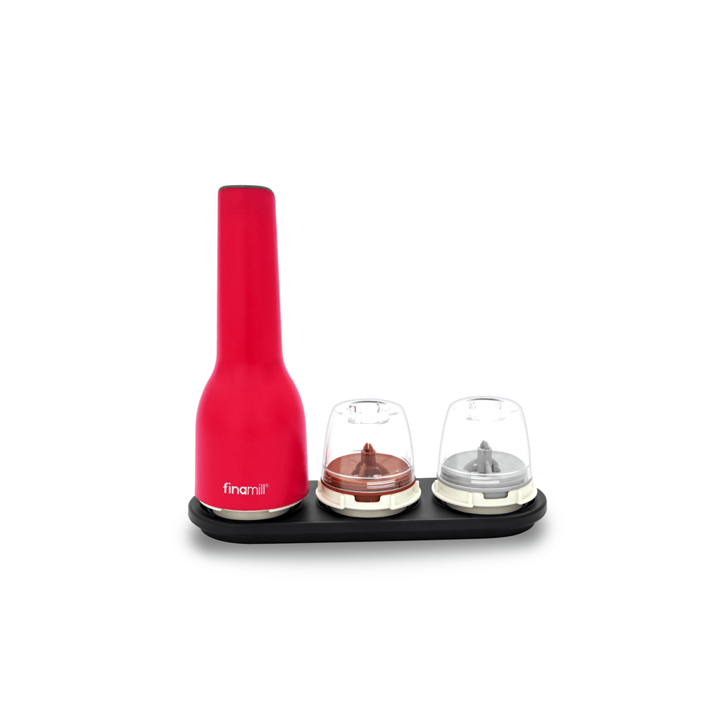 FINAMILL rechargeable grinder in Sangria color with detachable spice containers on black base.