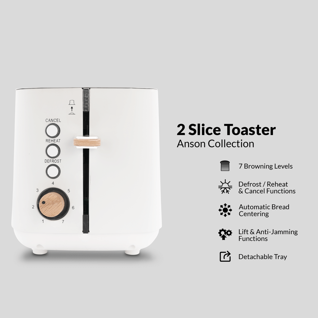Boden Stark Anson Collection 2 Slice Toaster in white with features like 7 browning levels and a detachable tray.