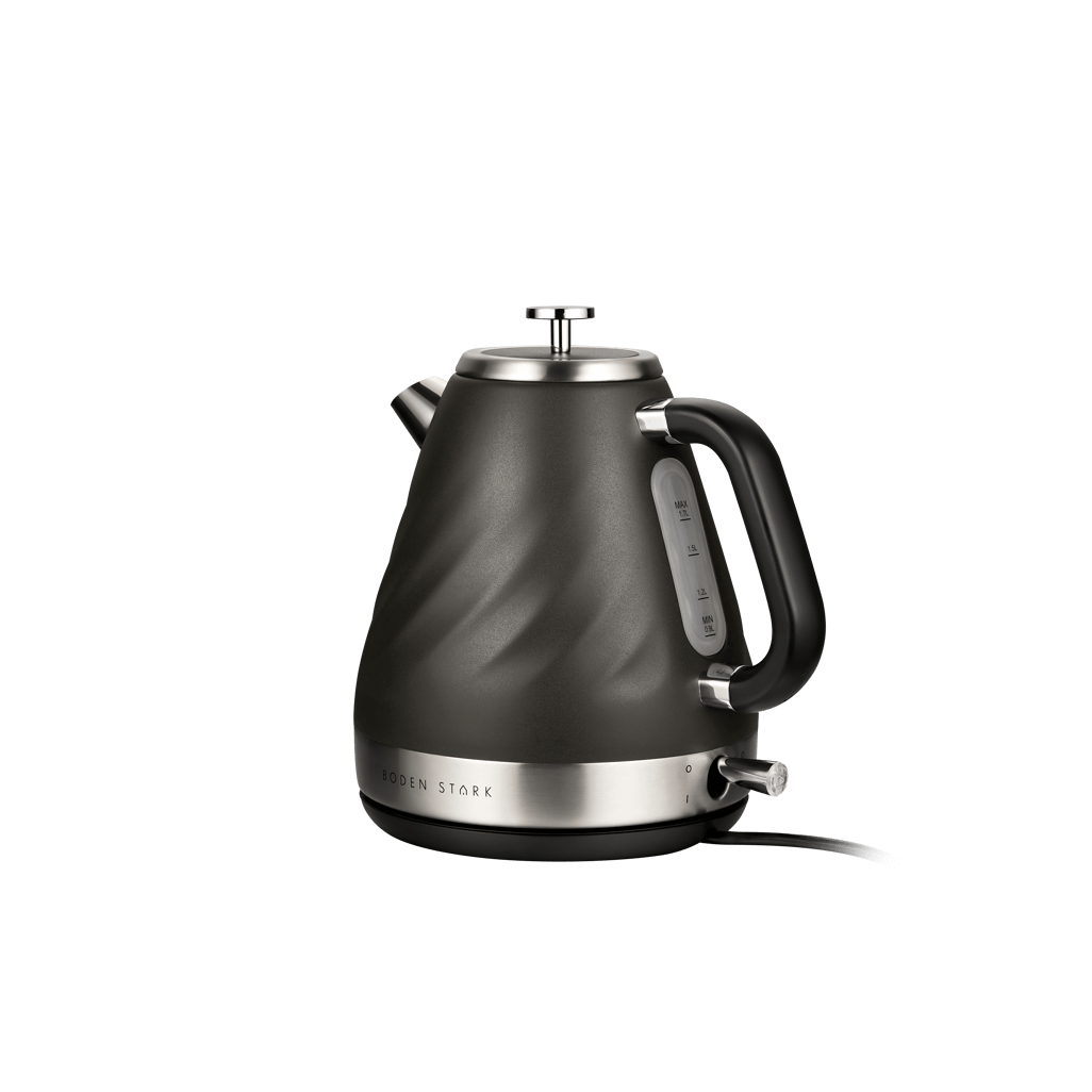 Boden Stark 1.7L Stainless Steel Kettle in charcoal with sleek design and ergonomic handle.