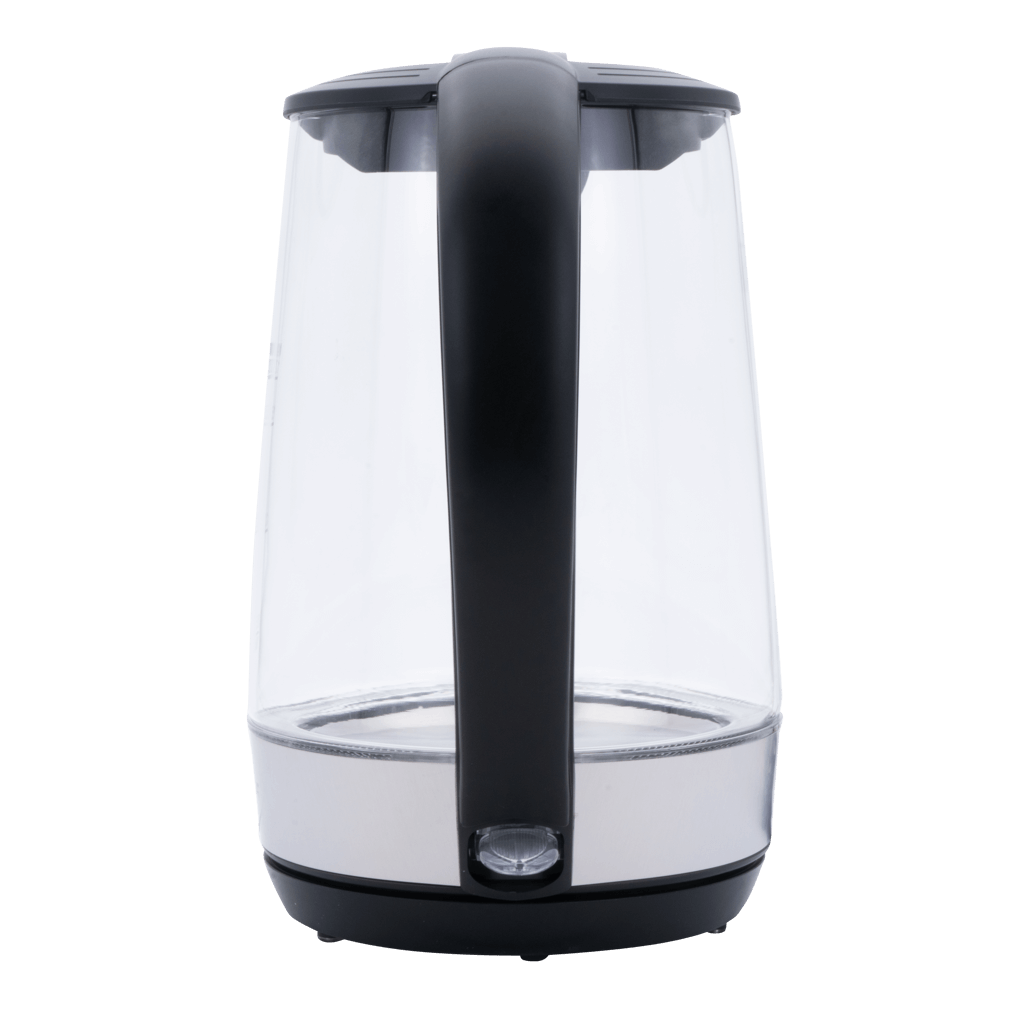 ELEKTRA 1.7L glass kettle with black handle, sleek design for fast boiling and convenience.