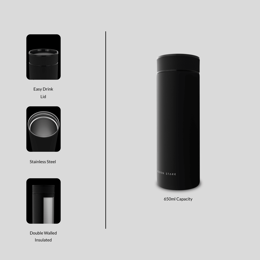 Boden Stark 650ml Travel Flask in Black, featuring easy drink lid, stainless steel, and double-walled insulation.