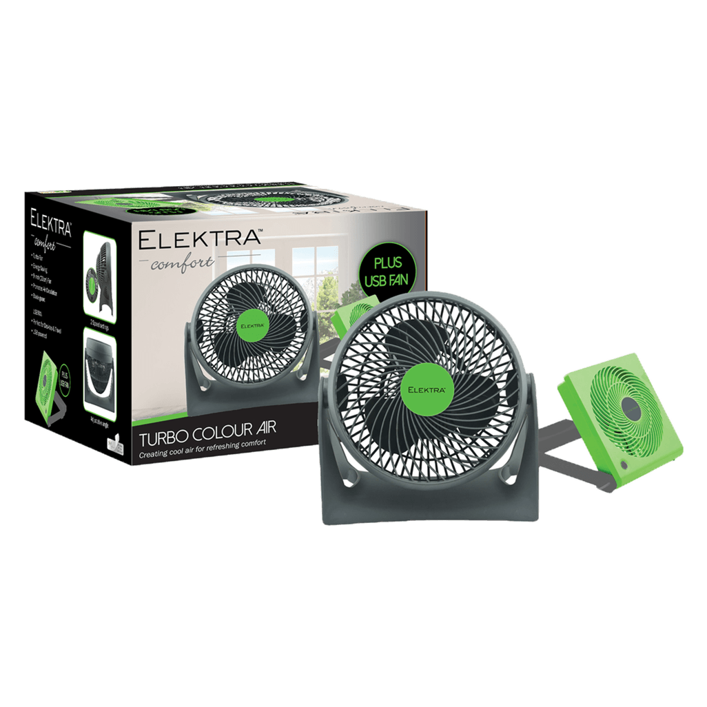 ELEKTRA 2704 TURBO COLOR AIR + ONE fan and box, designed for refreshing comfort and portability.