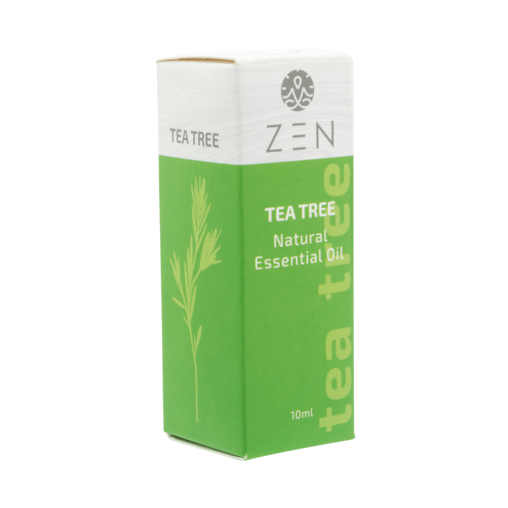 Zen Oil Tea Tree essential oil bottle, 10ml, for relaxation and stress relief in aromatherapy.