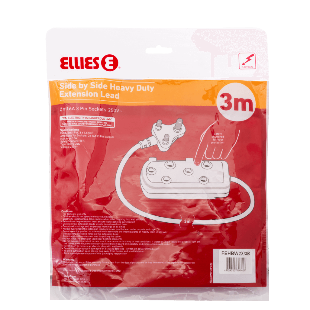 Ellies Side by Side Heavy Duty Extension Lead-3M-BK
