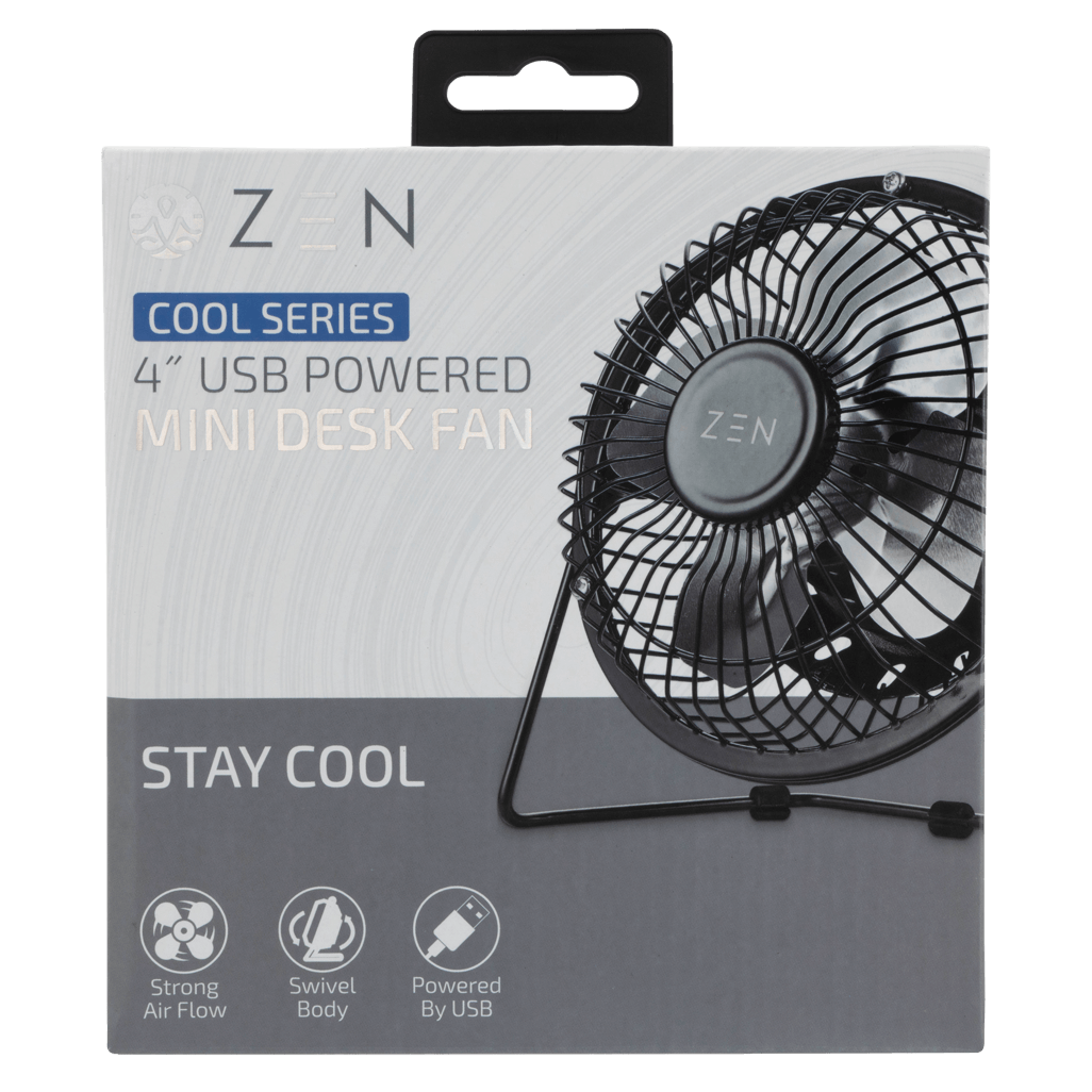 ZEN Cool series 4 inch mini desk fan package showcasing strong airflow and USB power in sleek black design.