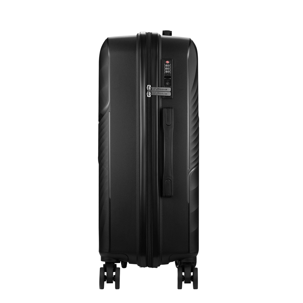 Travelwize Quartz PP 66cm black 4-wheels spinner luggage side view with handle and zipper.