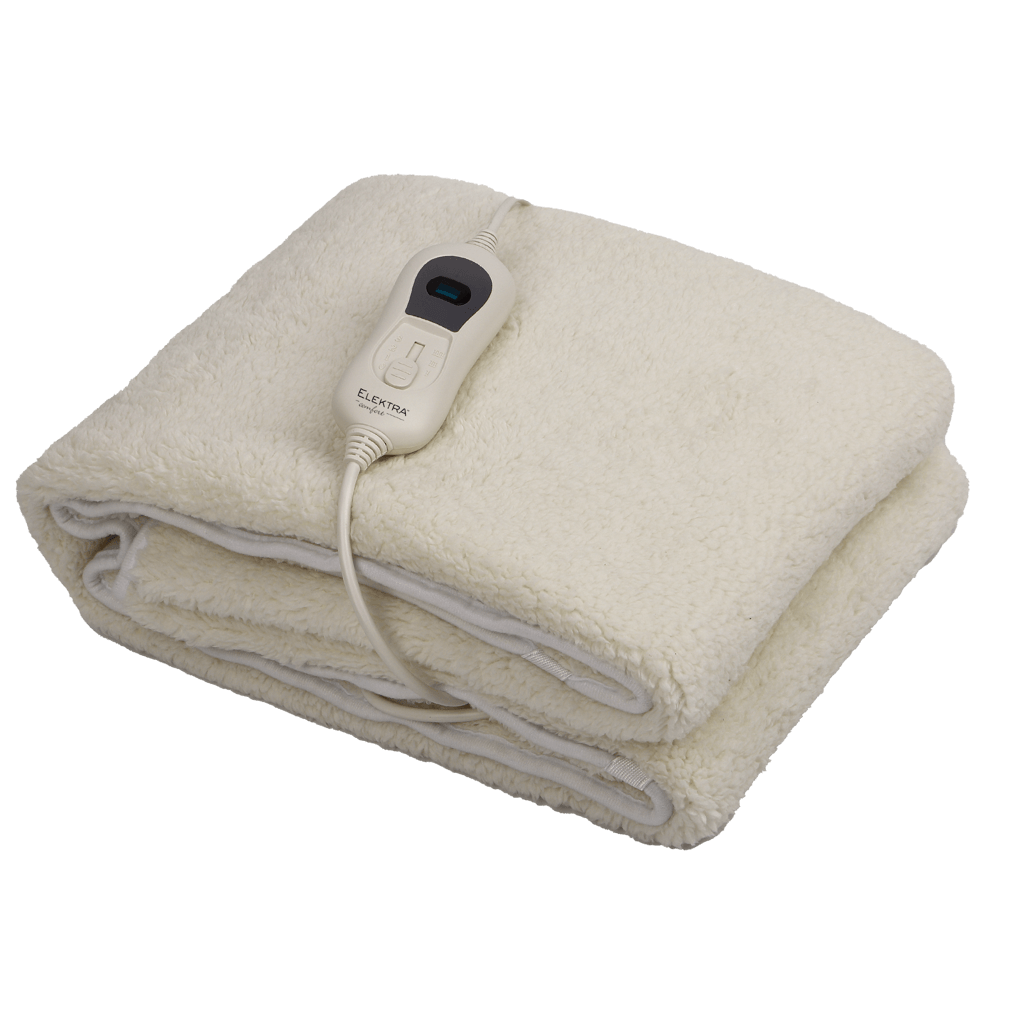 ELEKTRA electric blanket in cozy cream fleece with control remote for adjustable warmth and comfort.