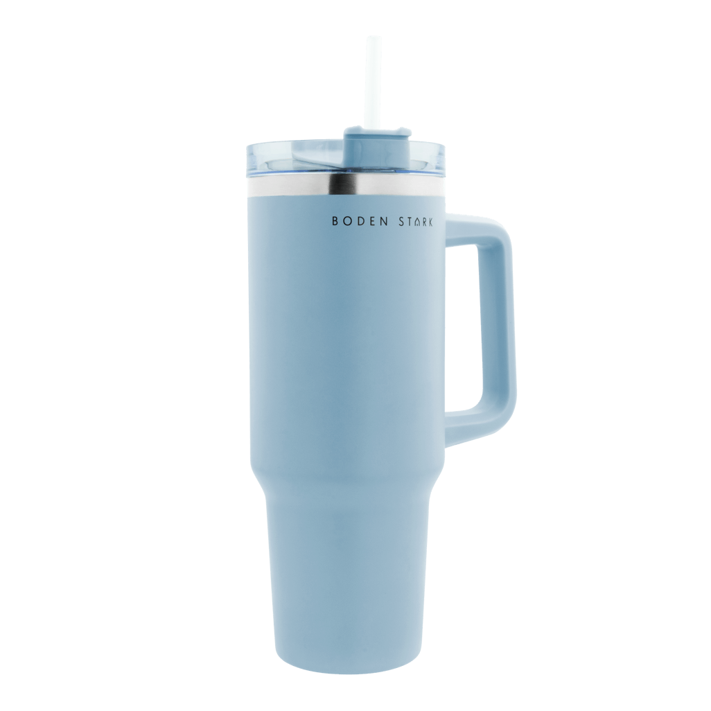 Boden Stark 1200ml Travel Mug in blue with straw and handle, perfect for on-the-go hydration.
