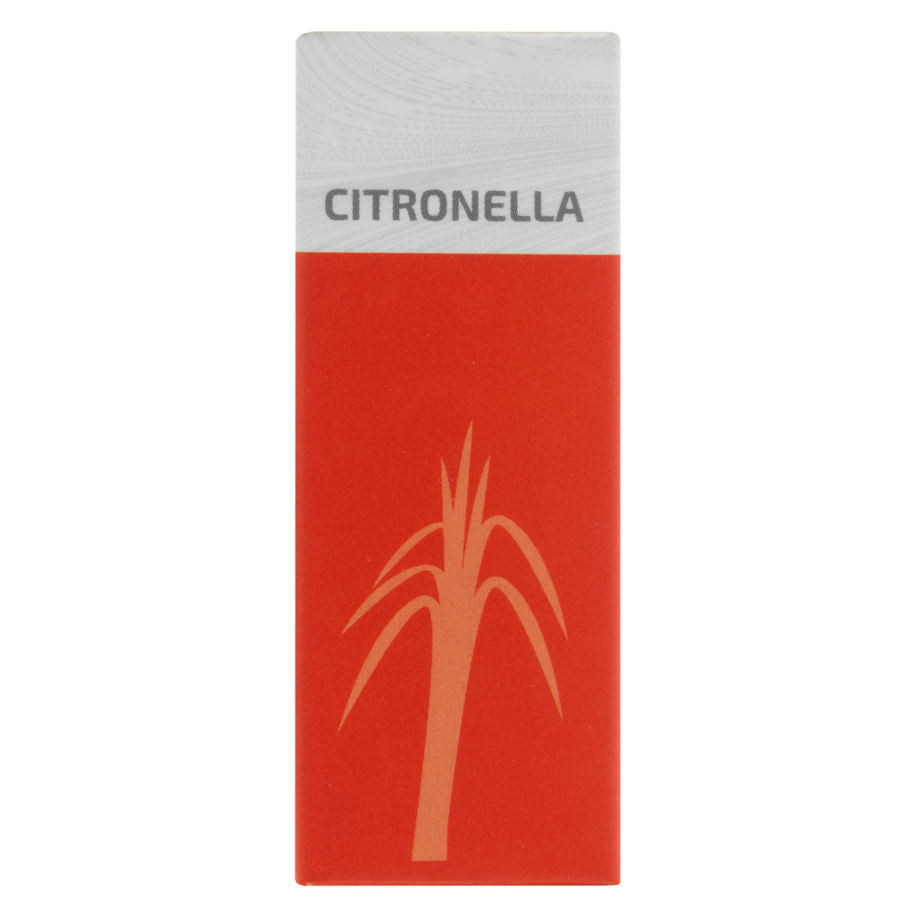 Zen Oil Citronella product packaging featuring a red design with a citronella plant illustration.
