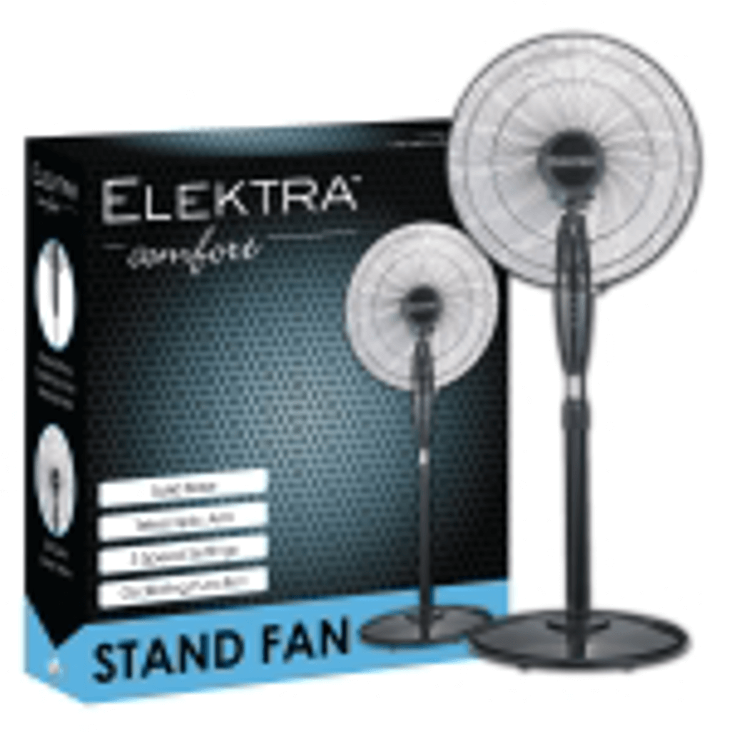 Elektra stand fan in packaging, showcasing two sizes for powerful cooling and modern design.