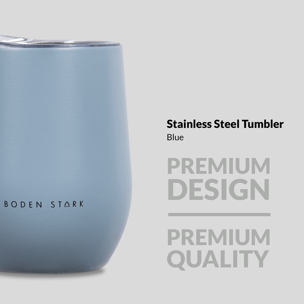 Boden Stark 350ml blue stainless steel tumbler showcasing premium design and quality.