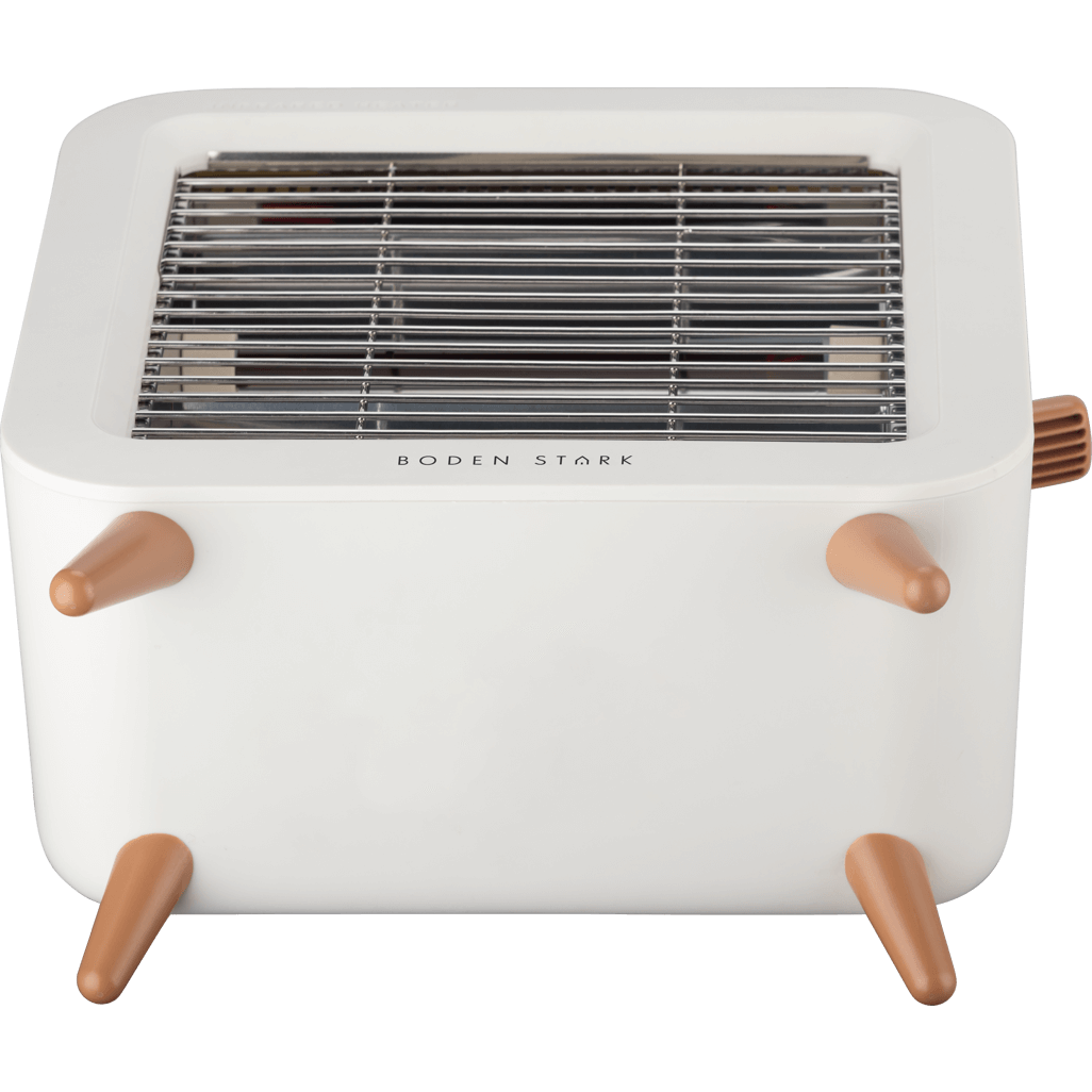 Boden Stark Infrared Bar Heater in modern design, featuring a sleek white body and copper accents for stylish heating.