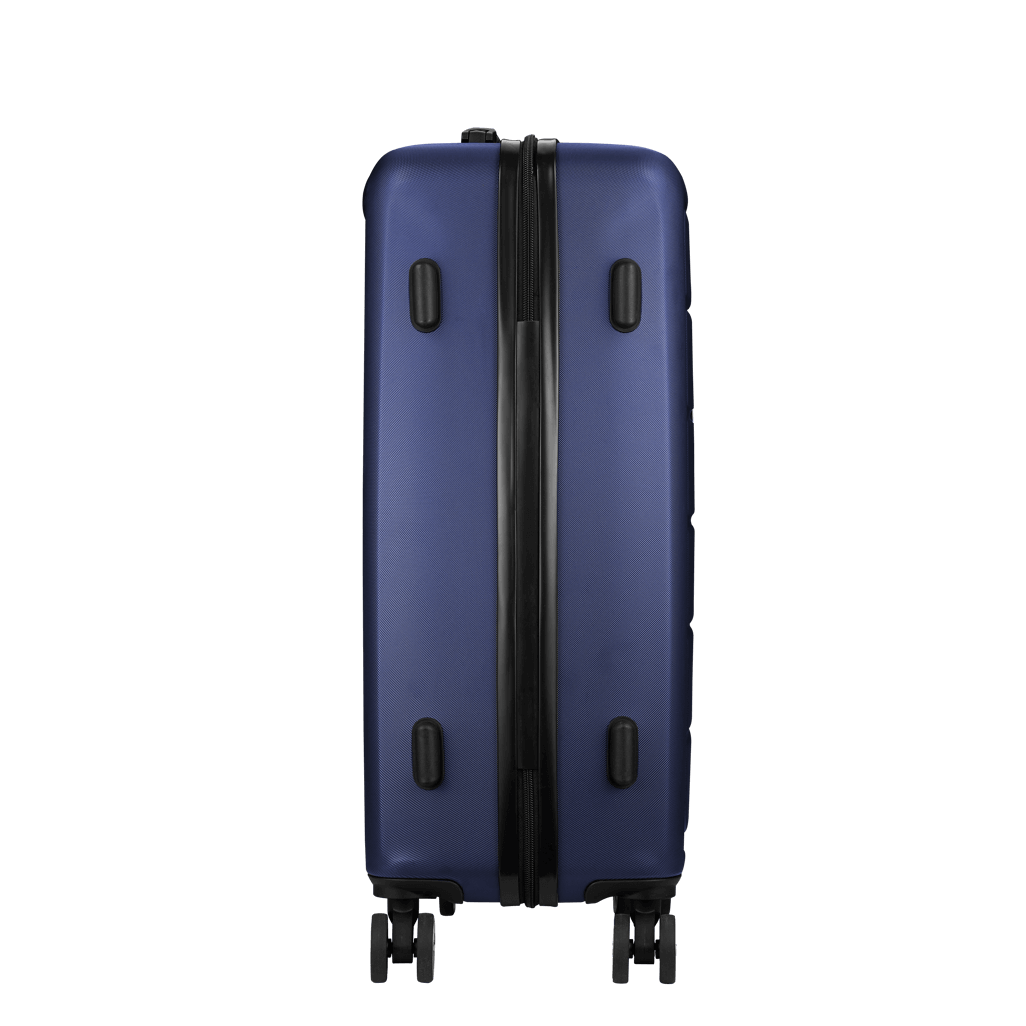Travelwize Maple ABS 75cm spinner luggage in navy, showing side view and 4 wheels for easy maneuverability.
