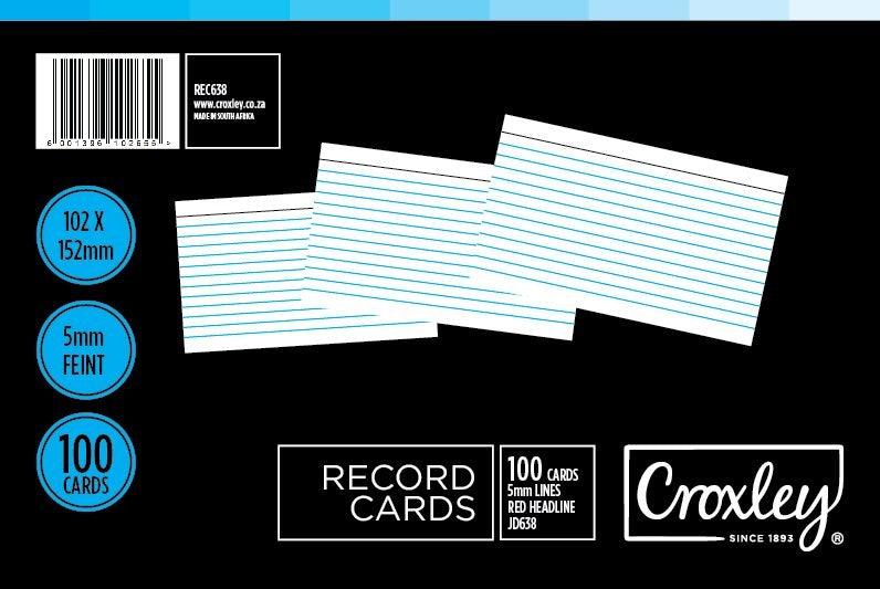 CROXLEY JD638 Record Cards 102x152 Cello 100's per Packet in Box of 10 Packets