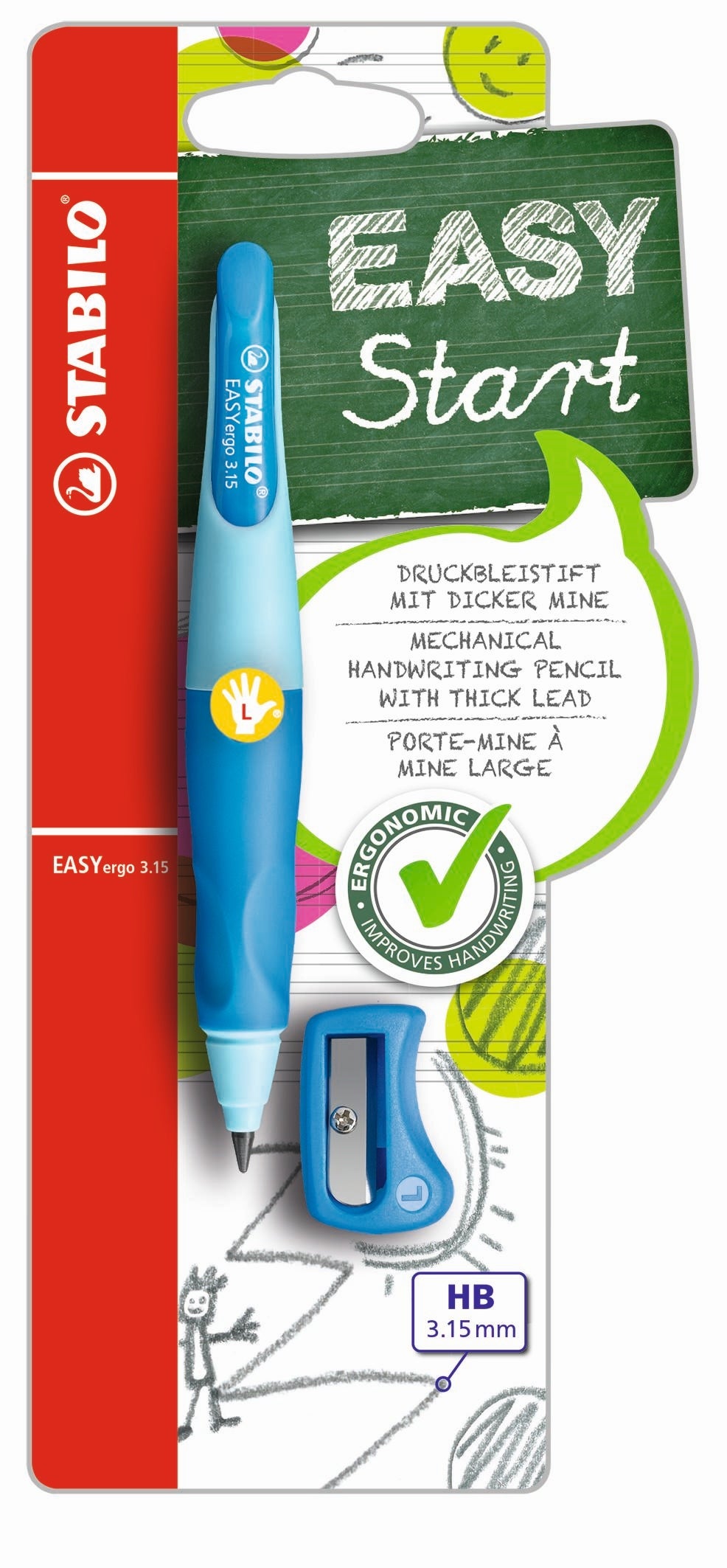 STABILO EASYergo 3.15 Ergonomic Mechanical HB Pencil & Sharpener - Left-handers: Light Blue/Dark Blue Card 1's