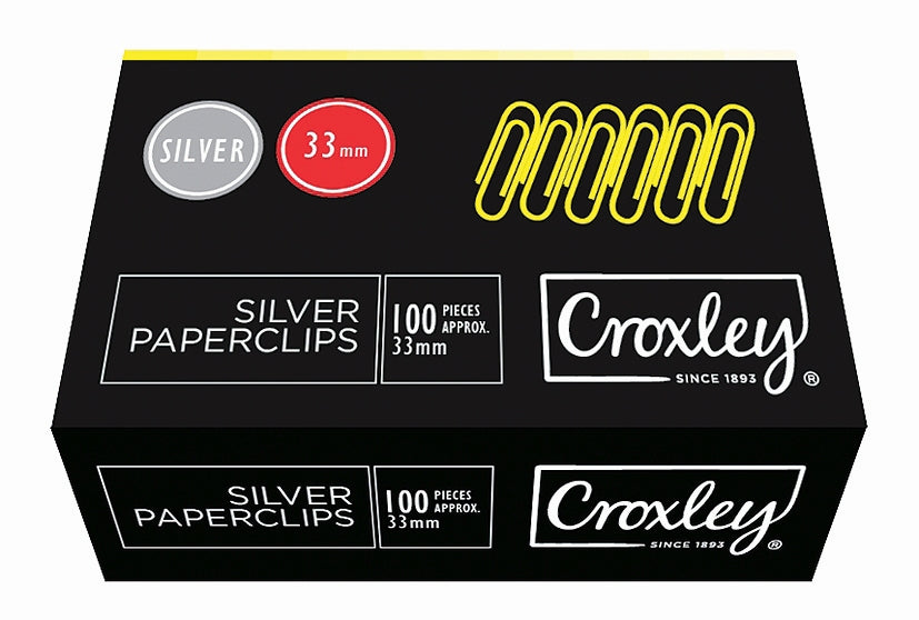 CROXLEY 33mm Silver Paper Clips 100's Pack of 10