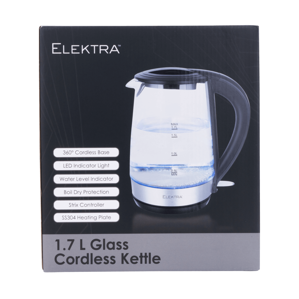 ELEKTRA 1.7L Glass Kettle with 360° Cordless Base and LED Indicator Light