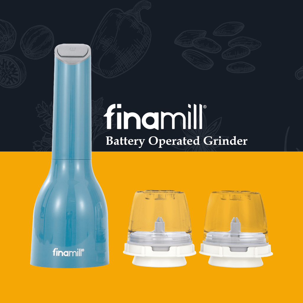 FINAMILL battery operated grinder in Ocean Blue with yellow and transparent grinder cups, perfect for fresh spice grinding.
