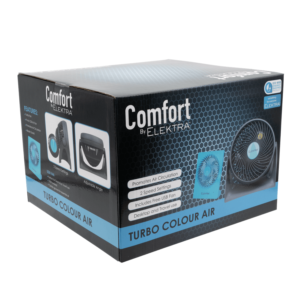 Elektra 2704 Turbo Color Air fan packaging featuring 2 speed settings and free USB fan.