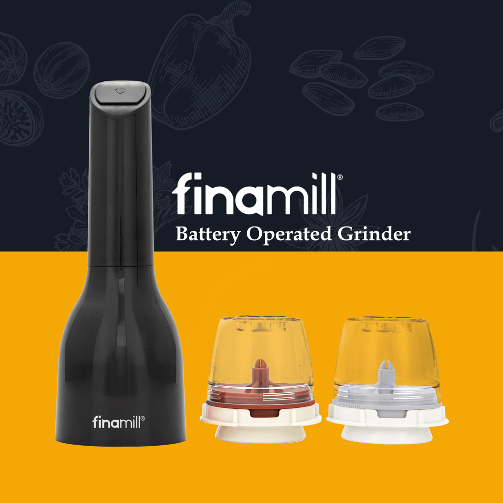 FINAMILL battery operated grinder in Midnight Black with interchangeable containers and sleek design.