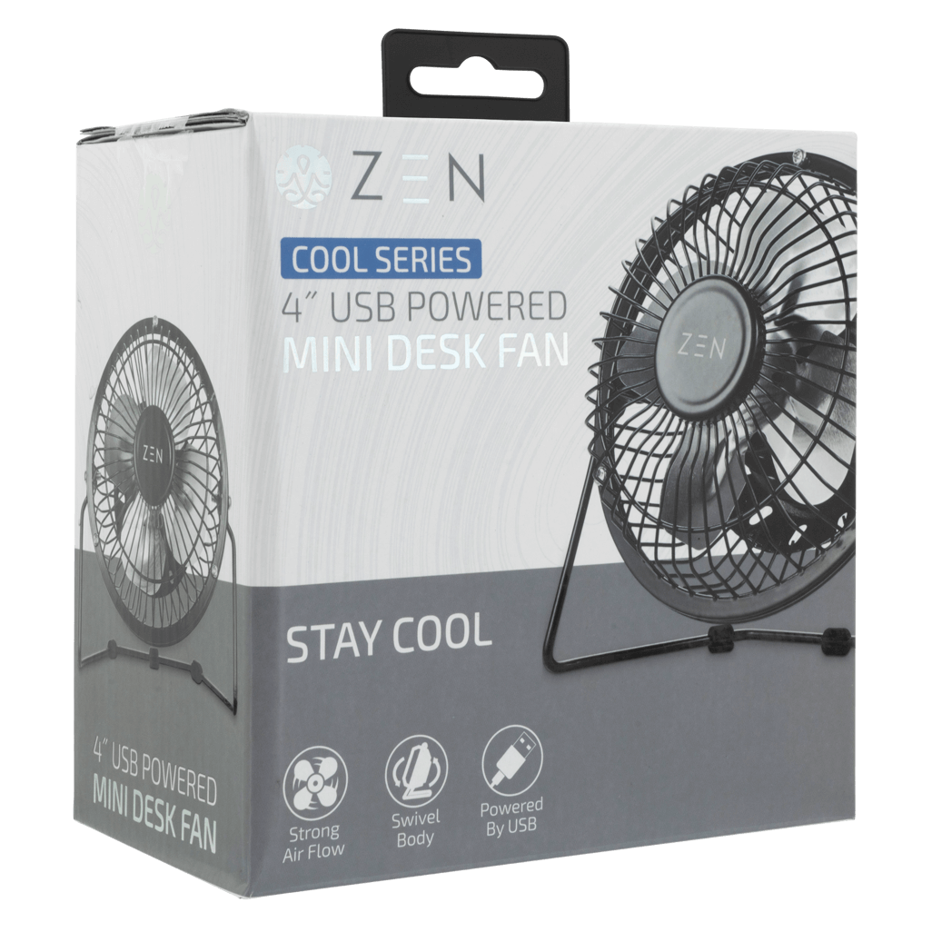 ZEN Cool series 4 inch Mini Desk Fan in Black box packaging showcasing USB power and strong airflow features.