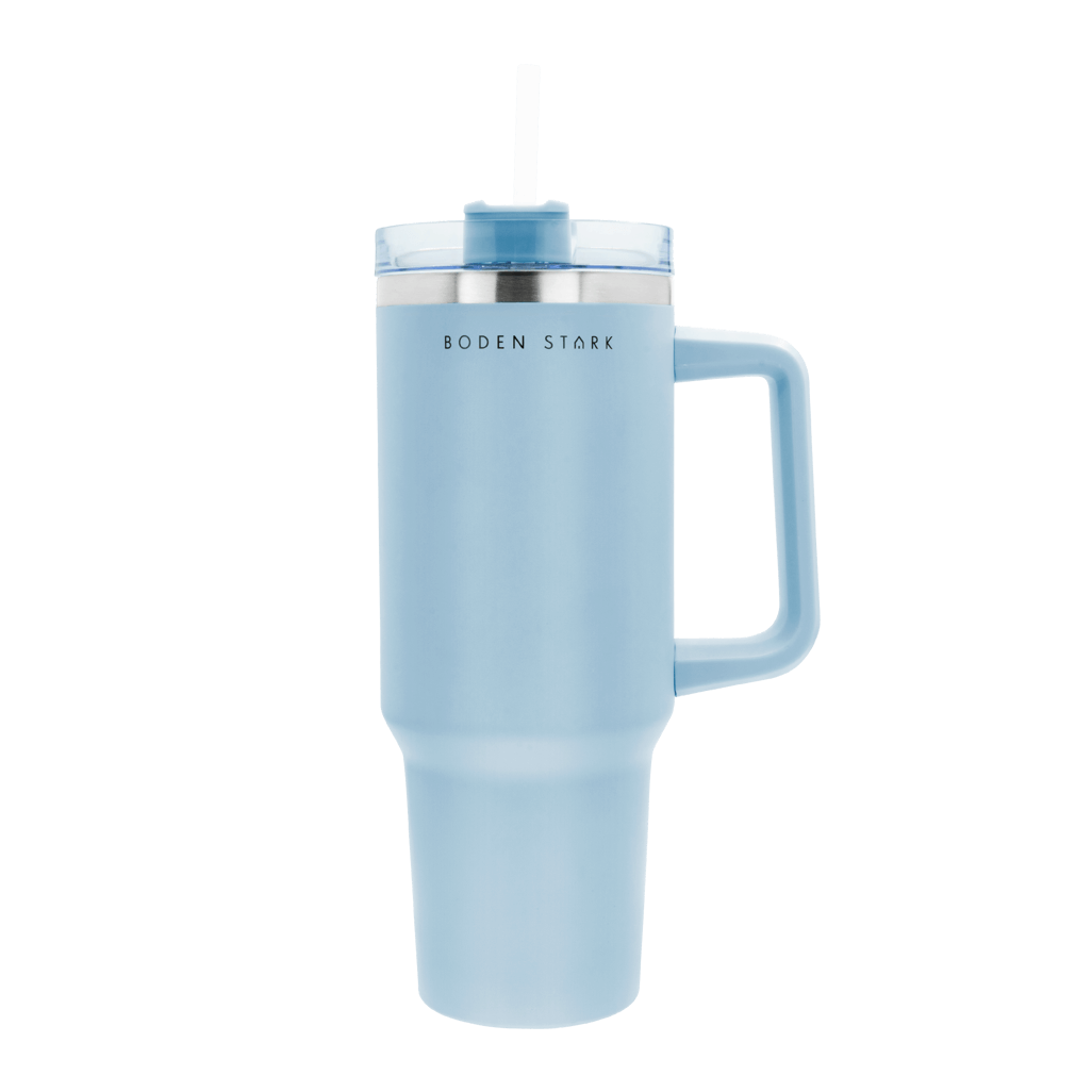 Boden Stark 1200ml Travel Mug in Blue with a lid and straw, perfect for on-the-go hydration and beverages.