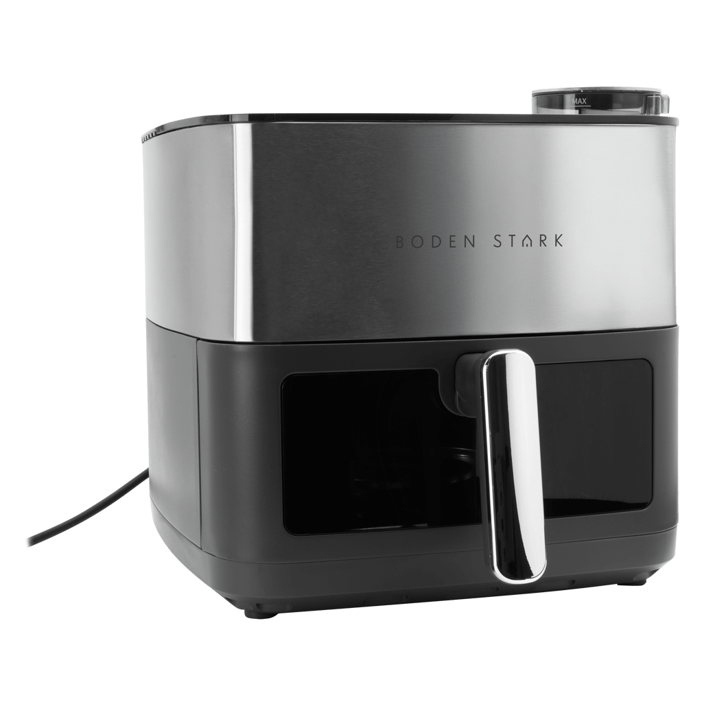 Boden Stark 8L Dual Element Air Fryer with Steaming Function in sleek black and silver design.