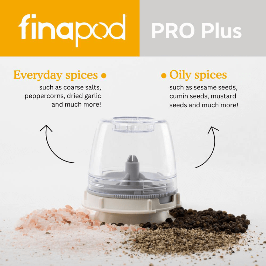 FinaPod Pro Plus spice grinder showcasing everyday and oily spices like salt, peppercorns, sesame seeds, and more.