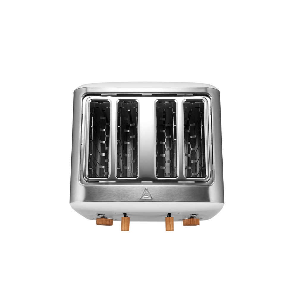 Boden Stark Anson Collection 4 Slice Toaster in sleek stainless steel with red oak knobs and four slots.