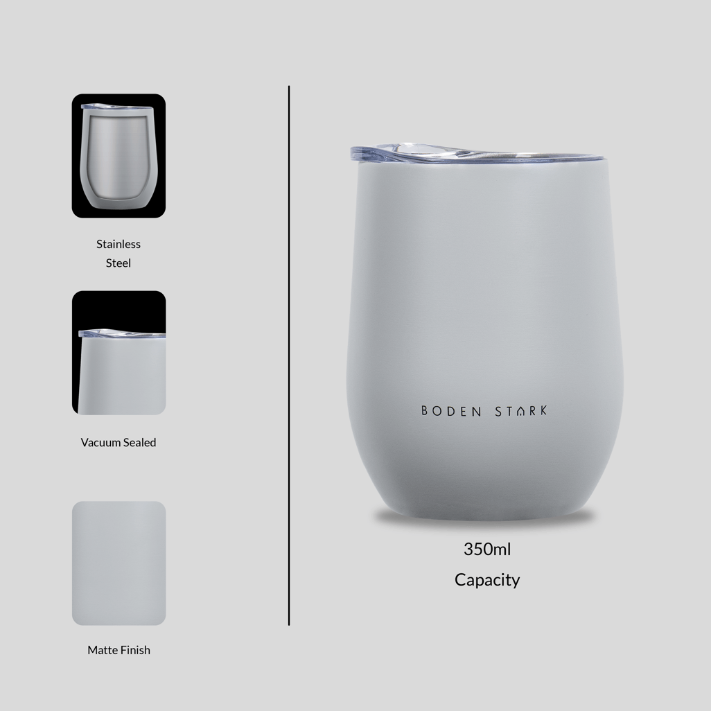 Boden Stark 350ml tumbler in grey, stainless steel, vacuum sealed, matte finish, perfect for beverages.