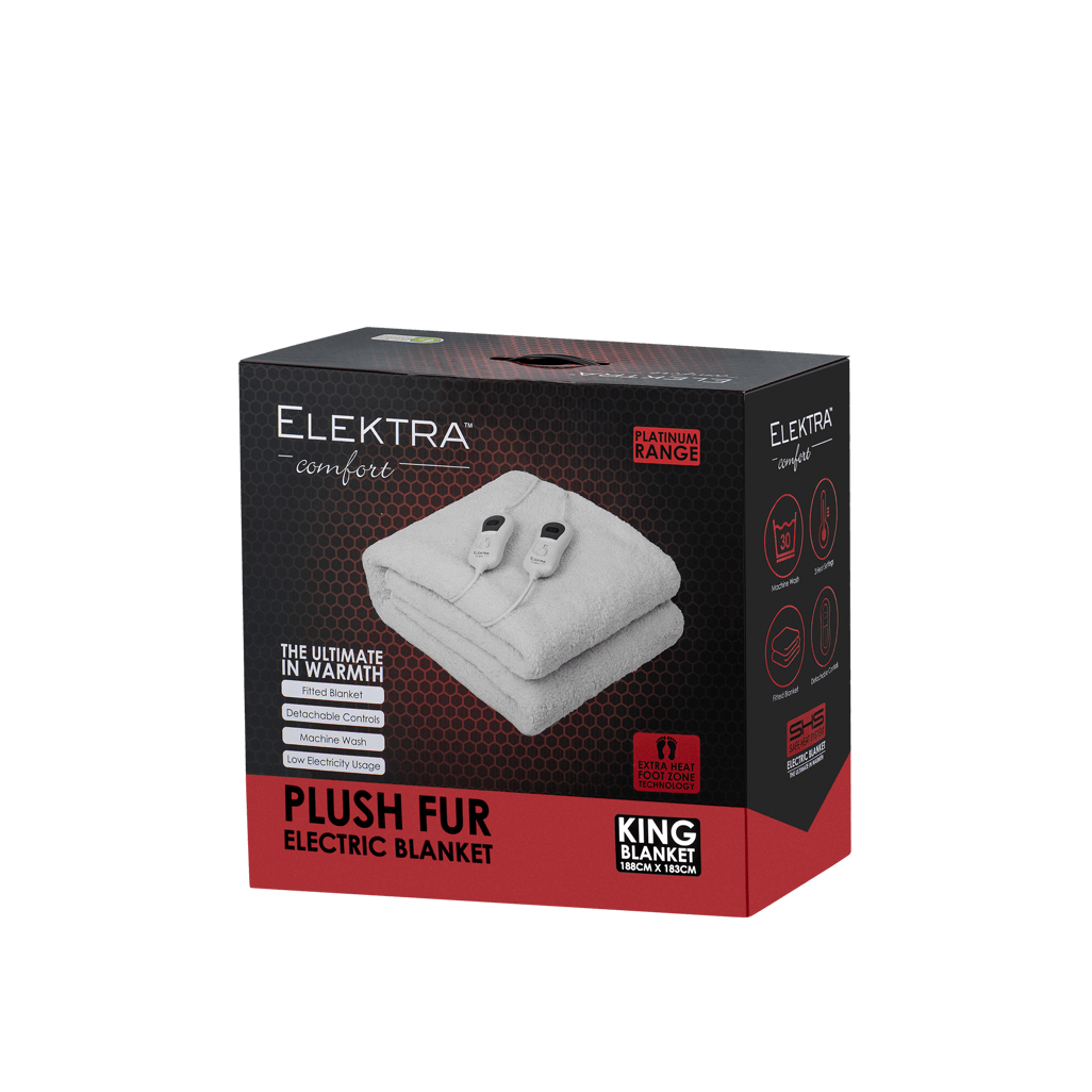 Elektra plush fur electric blanket king size, ultimate warmth with dual controls, packaged in a stylish box.