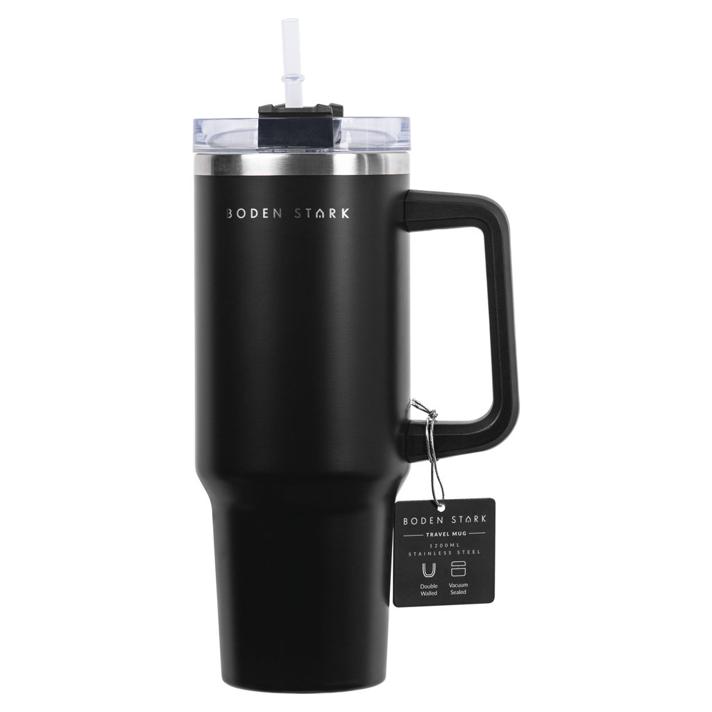 Boden Stark 1200ml Black Travel Mug with straw and handle, perfect for on-the-go hydration.