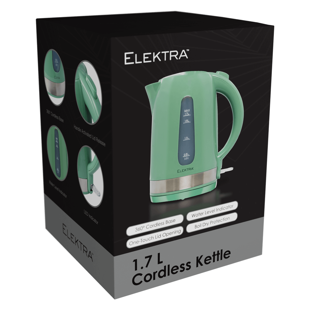 ELEKTRA 1.7L cordless kettle in green with 360° base, water level indicator, and one-touch lid opening.