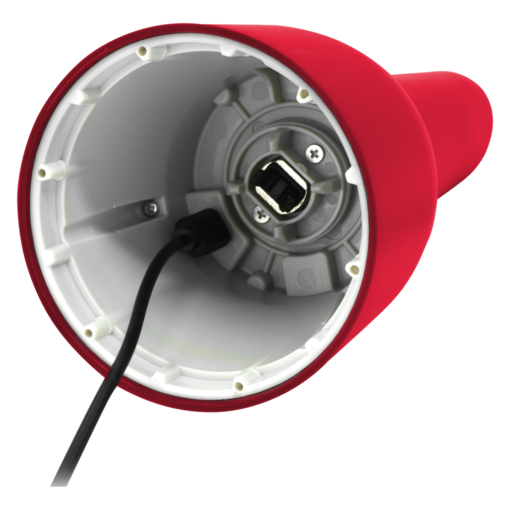 Interior view of FINAMILL RECHARGEABLE grinder - Sangria showing charging port and red casing.